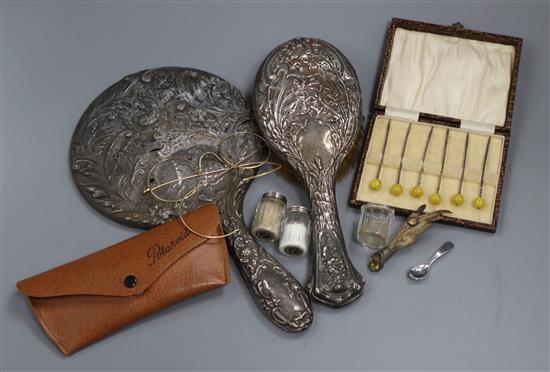 A cased set of silver cocktail sticks and sundries